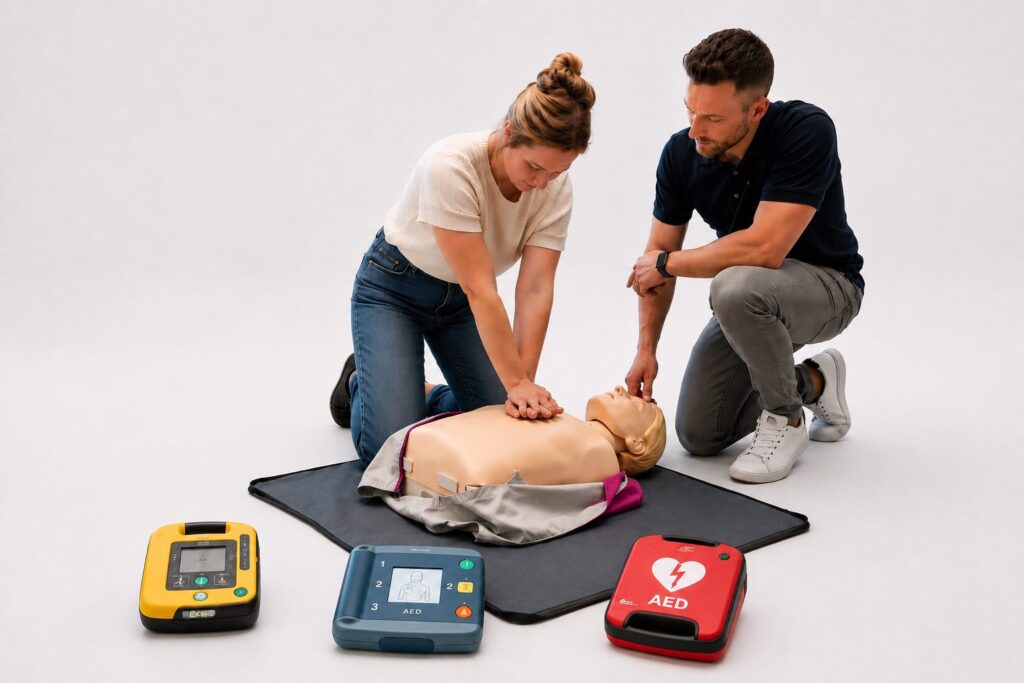 Opfris- en vervolgtraining Reanimatie volwassenen (BLS): cursisten trainen borstcompressies en AED-gebruik