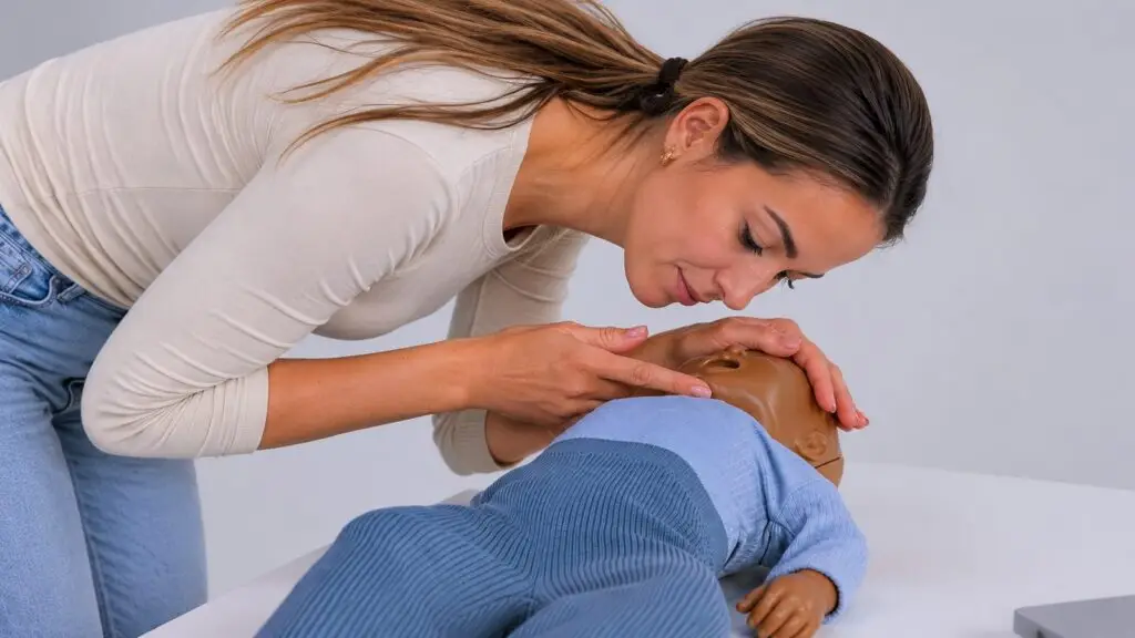 Basiscursus Reanimatie baby's en kinderen (PBLS): cursist oefent beademing op een baby-reanimatiepop